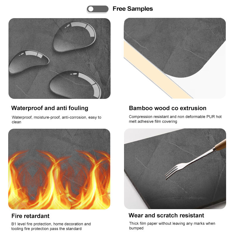 5 mm / 8 mm décoratif intérieur PVC feuille de marbre de bambou Charbon de bois